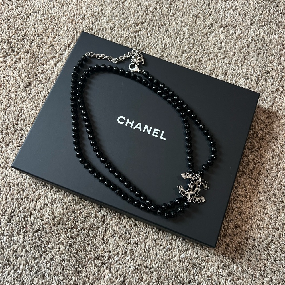Authentic Black Pearl & Crystal Long Necklace